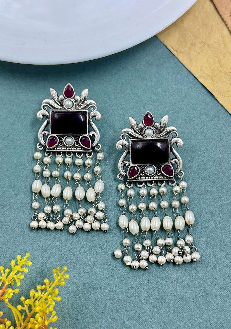 Silver Plated Artificial Stones Studded And Beaded Contemporary Drop Earrings - Indya