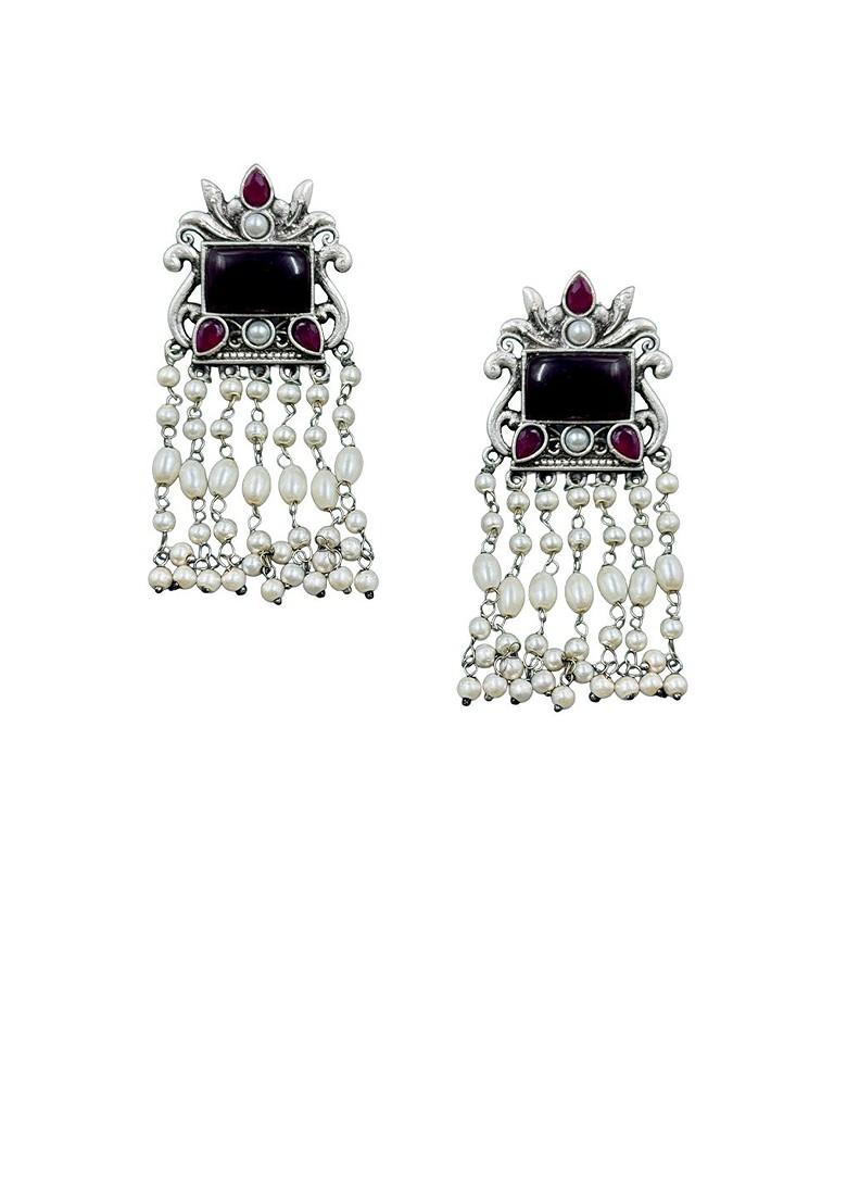 Silver Plated Artificial Stones Studded And Beaded Contemporary Drop Earrings