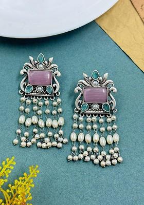 Silver Plated Artificial Studded And Pearls Beaded Contemporary Drop Earrings