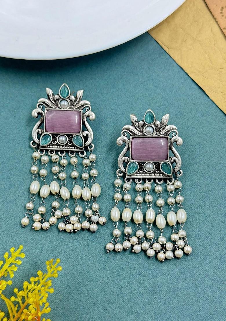Silver Plated Artificial Studded And Pearls Beaded Contemporary Drop Earrings