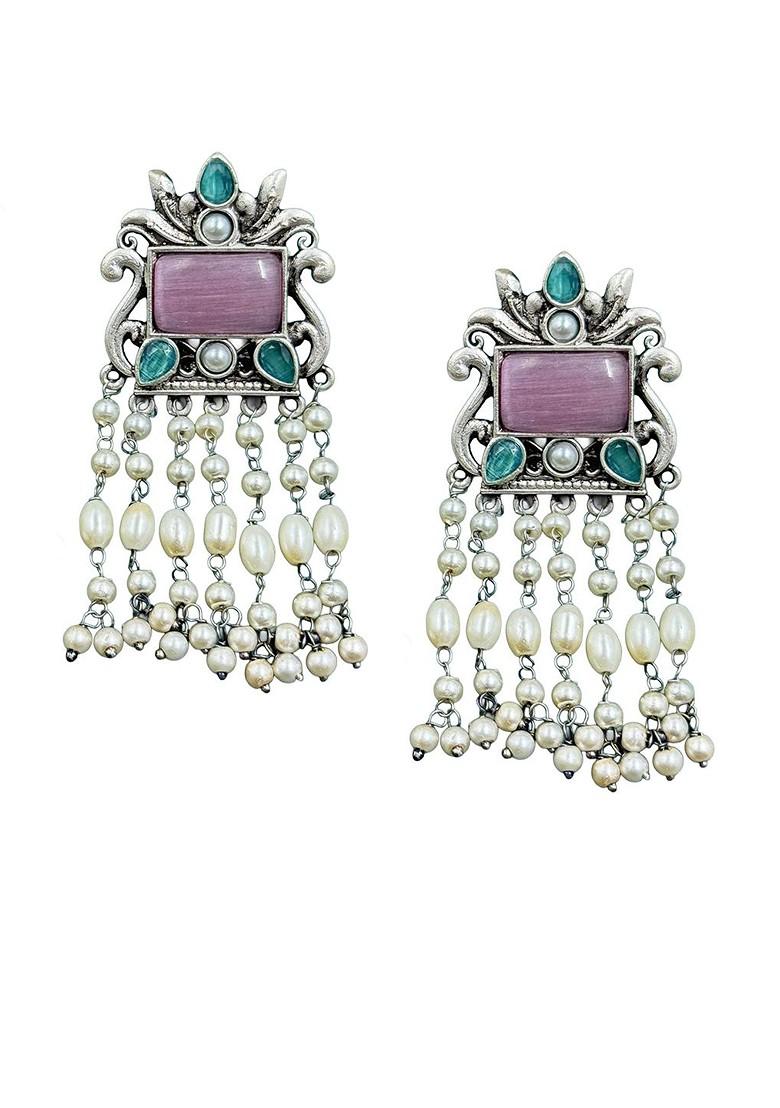Silver Plated Artificial Studded And Pearls Beaded Contemporary Drop Earrings