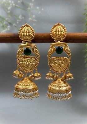 Simha Gold Plated Artificial Stones Studded And Beaded Dome Shaped Jhumkas