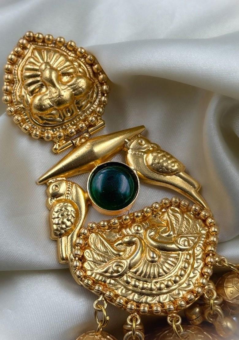 Simha Gold Plated Artificial Stones Studded And Beaded Dome Shaped Jhumkas