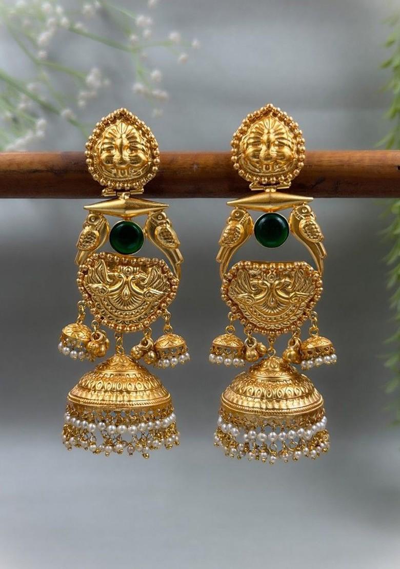 Simha Gold Plated Artificial Stones Studded And Beaded Dome Shaped Jhumkas