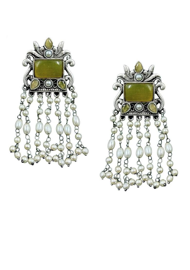 Silver Plated Artificial Stones Studded And Beaded Contemporary Drop Earrings