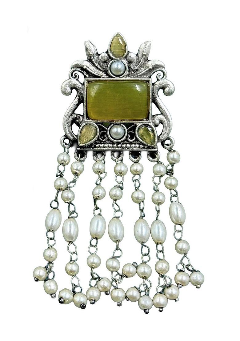 Silver Plated Artificial Stones Studded And Beaded Contemporary Drop Earrings