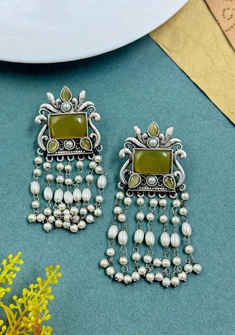 Silver Plated Artificial Stones Studded And Beaded Contemporary Drop Earrings
