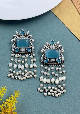Silver Plated Artificial Stones Studded And Beaded Contemporary Drop Earrings
