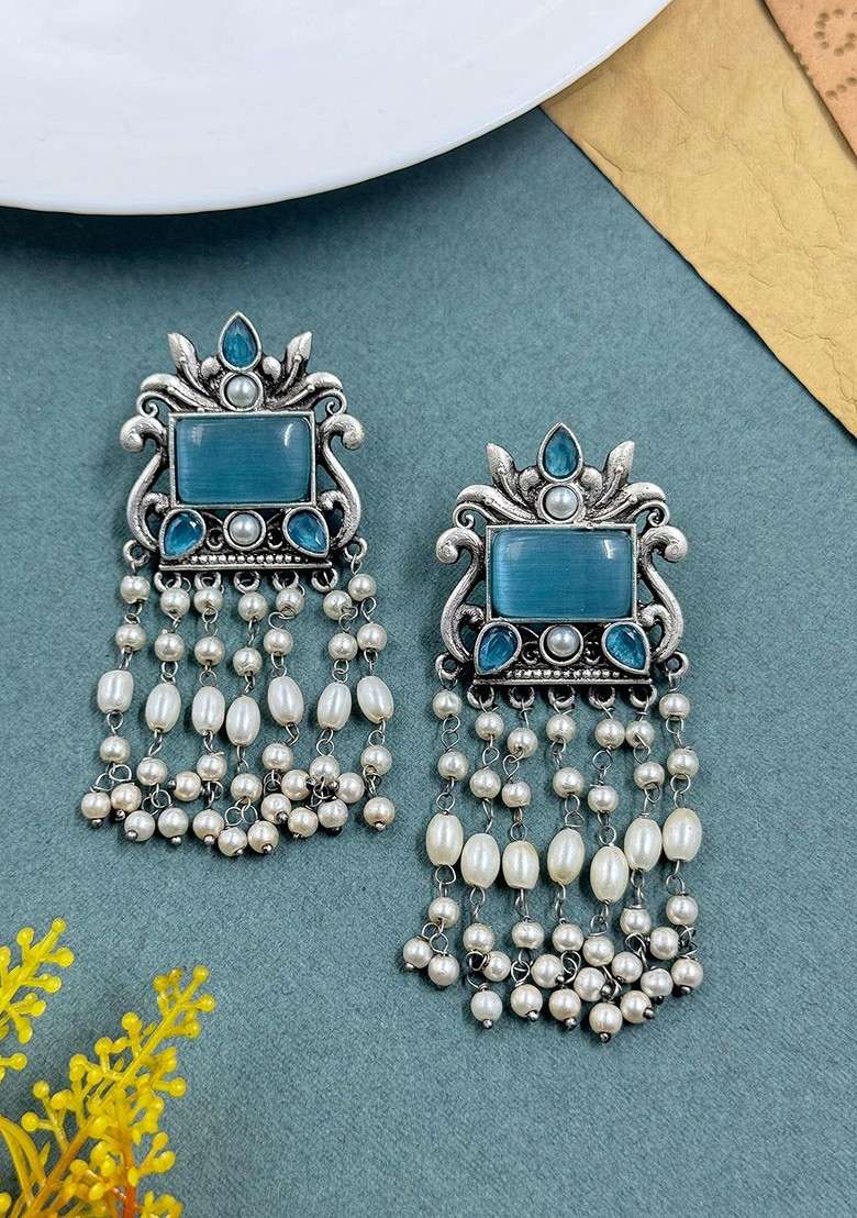 Silver Plated Artificial Stones Studded And Beaded Contemporary Drop Earrings - Indya