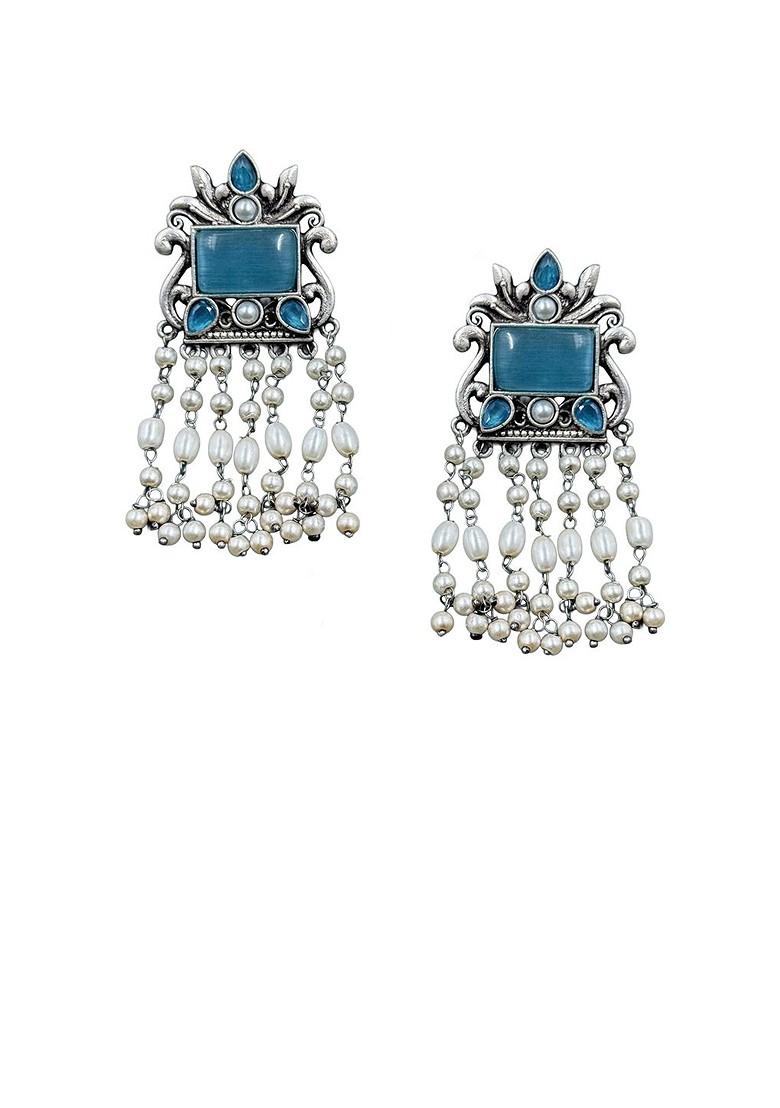 Silver Plated Artificial Stones Studded And Beaded Contemporary Drop Earrings