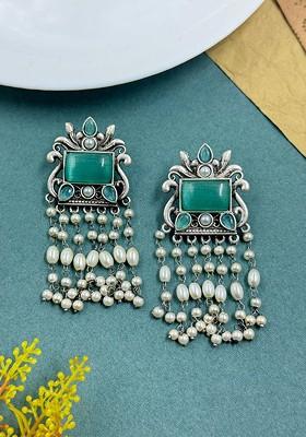 Silver Plated Artificial Stones Studded And Beaded Contemporary Drop Earrings