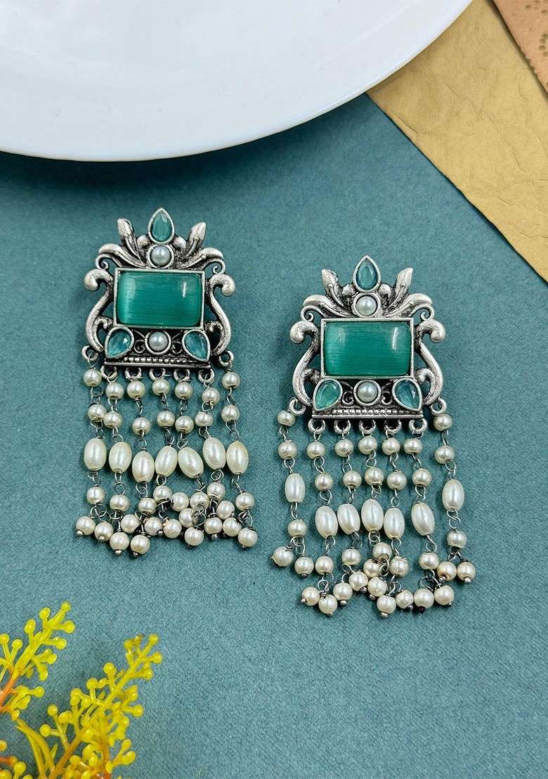 Silver Plated Artificial Stones Studded And Beaded Contemporary Drop Earrings - Indya