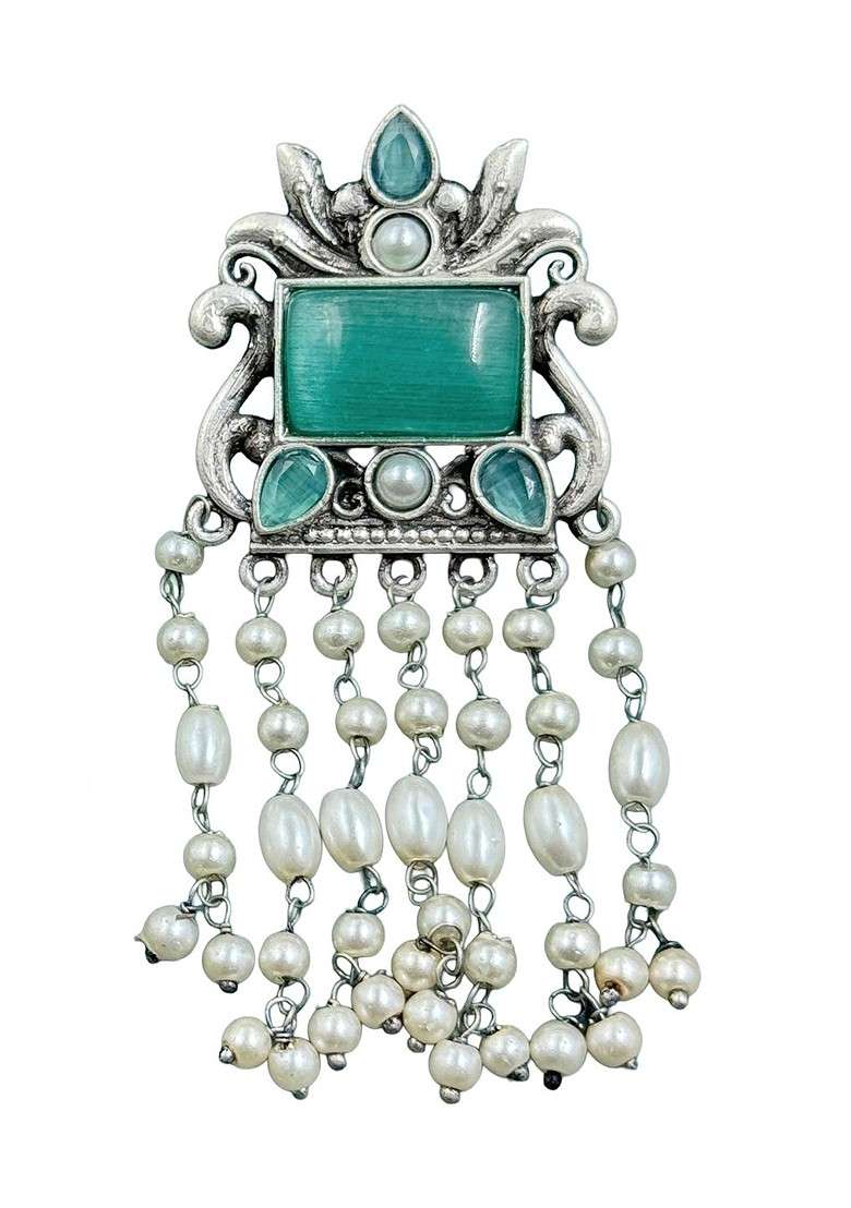 Silver Plated Artificial Stones Studded And Beaded Contemporary Drop Earrings - Indya