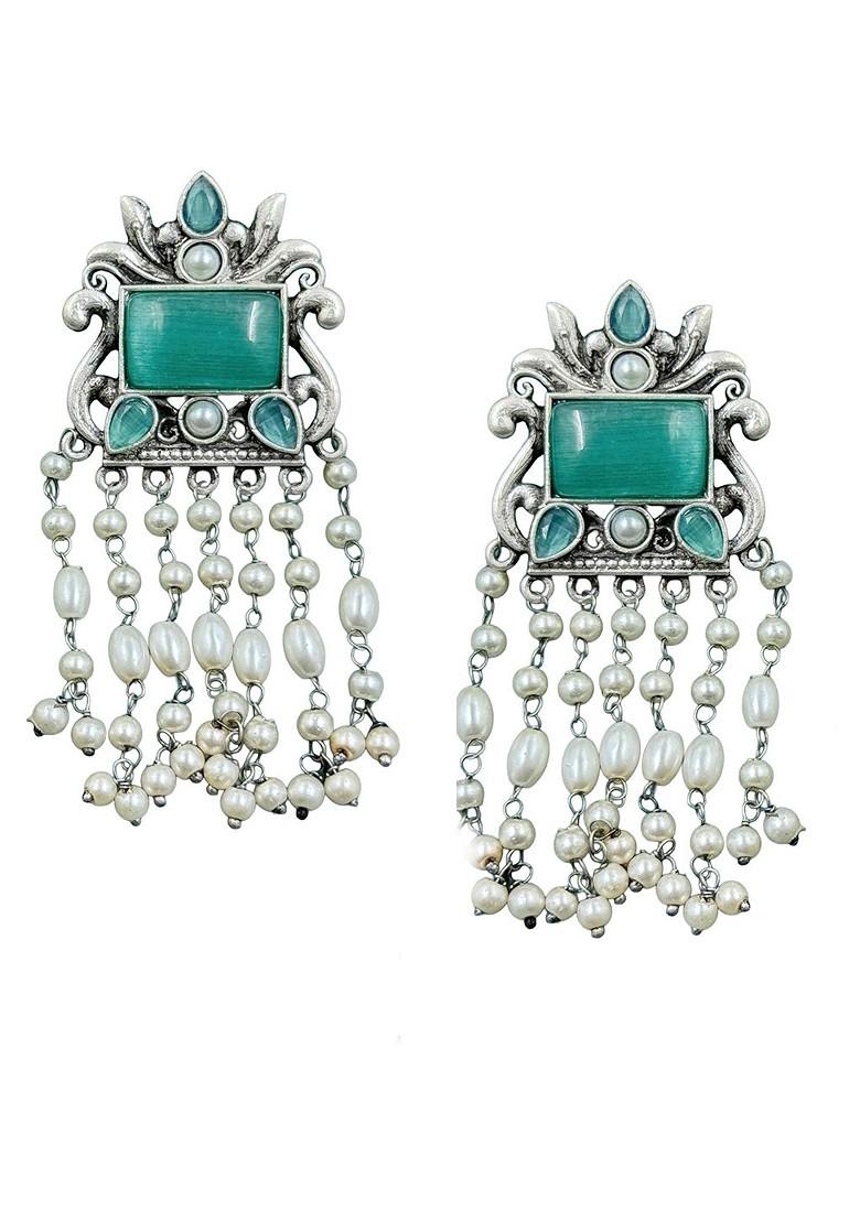 Silver Plated Artificial Stones Studded And Beaded Contemporary Drop Earrings