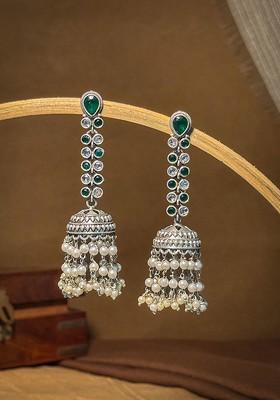 Silver Plated Stones Studded And Beaded Contemporary Oxidised Drop Earrings