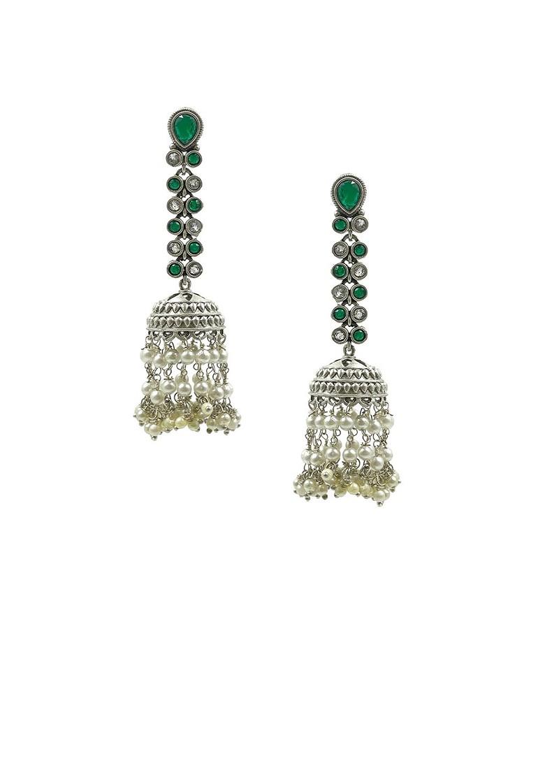 Silver Plated Stones Studded And Beaded Contemporary Oxidised Drop Earrings