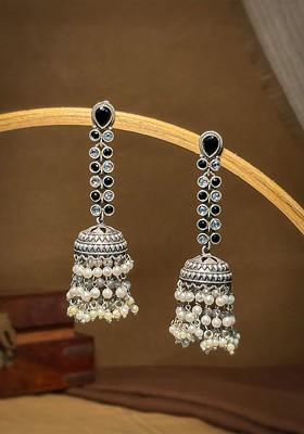 Silver Plated Artificial Stones Studded And Pearls Beaded Dome Shaped Jhumkas