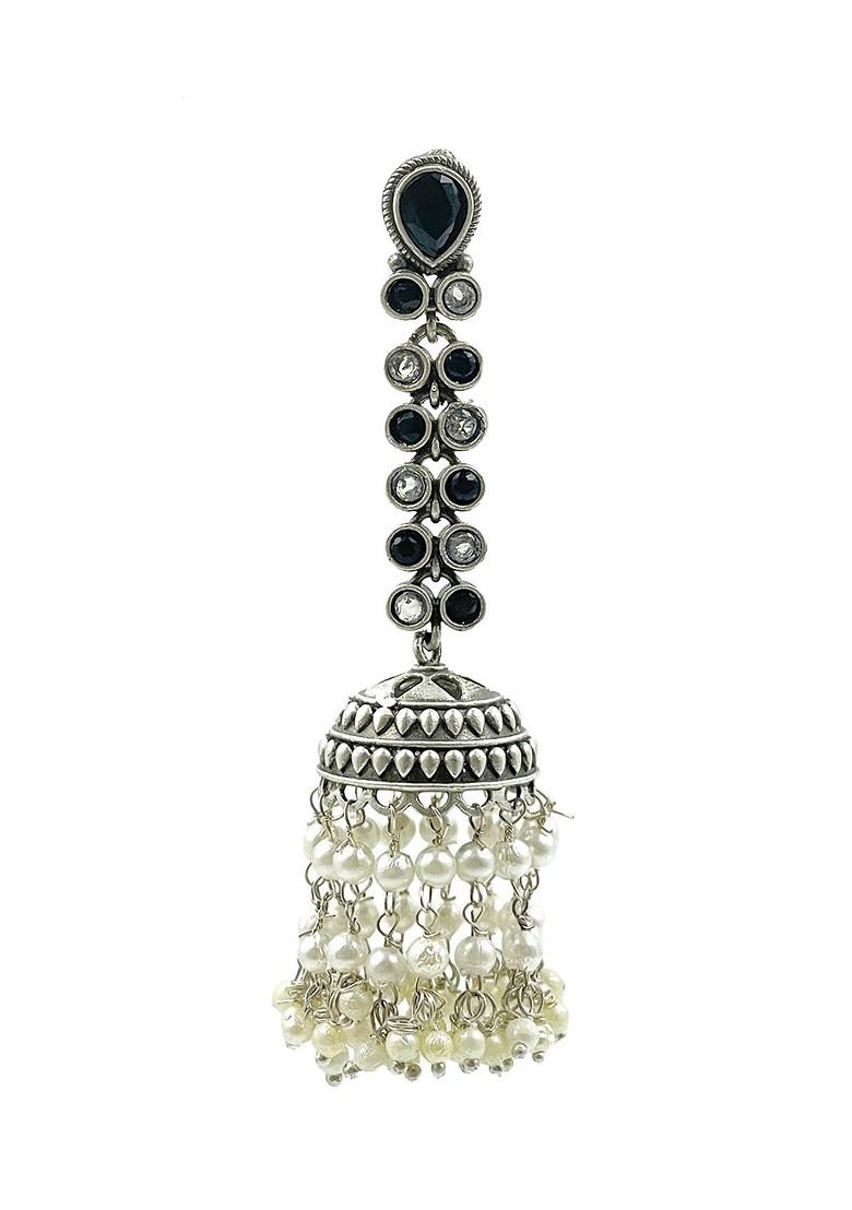 Silver Plated Artificial Stones Studded And Pearls Beaded Dome Shaped Jhumkas
