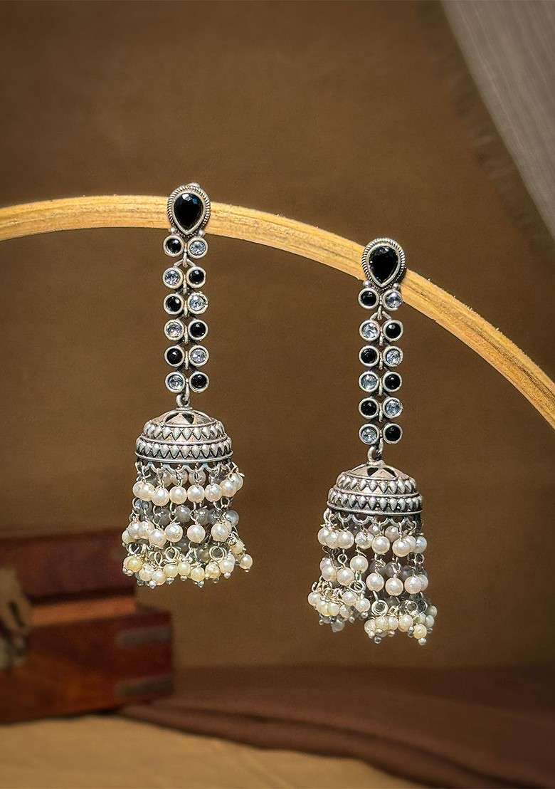 Silver Plated Artificial Stones Studded And Pearls Beaded Dome Shaped Jhumkas - Indya