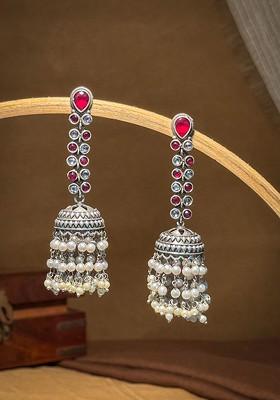 Silver Plated Artificial Stones Studded And Beaded Oxidised Dome Shaped Jhumkas