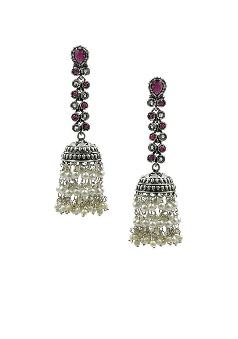 Silver Plated Artificial Stones Studded And Beaded Oxidised Dome Shaped Jhumkas