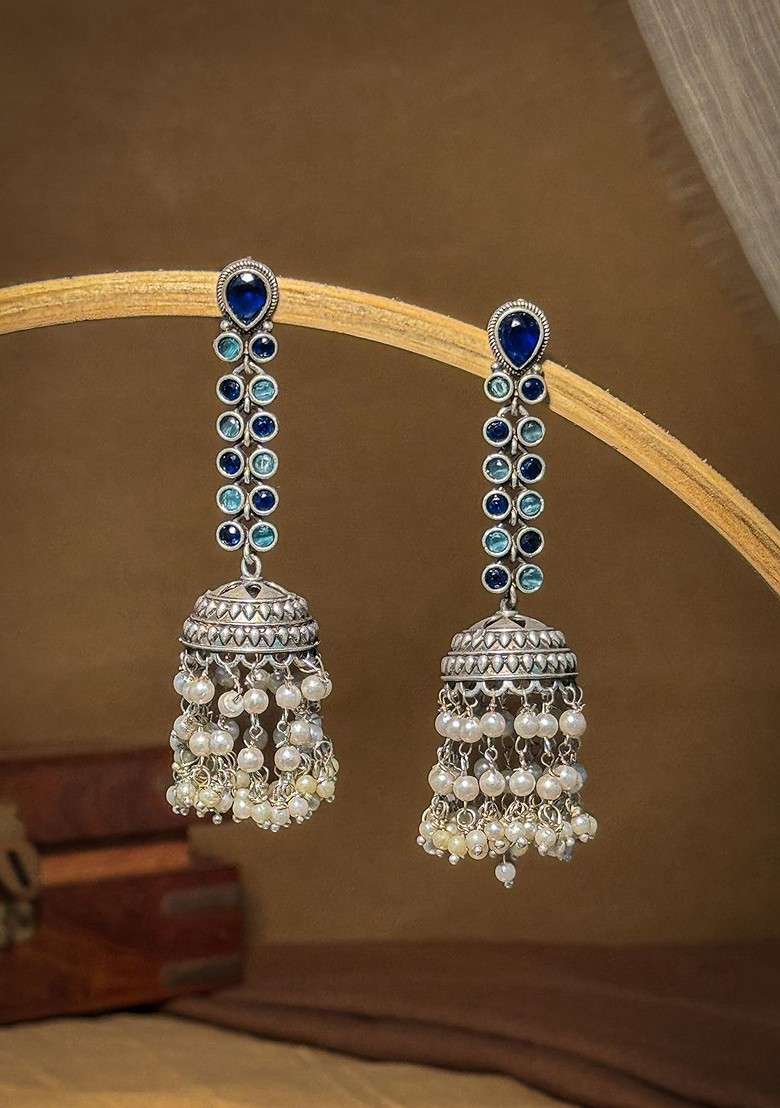 Silver Plated Artificial Stones Studded And Beaded Oxidised Dome Shaped Jhumkas - Indya