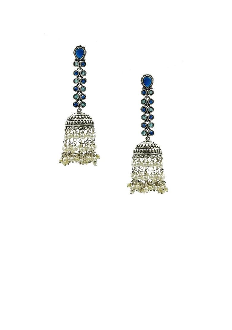 Silver Plated Artificial Stones Studded And Beaded Oxidised Dome Shaped Jhumkas