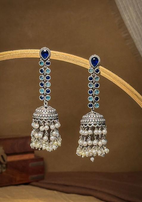 Silver Plated Artificial Stones Studded And Beaded Oxidised Dome Shaped Jhumkas