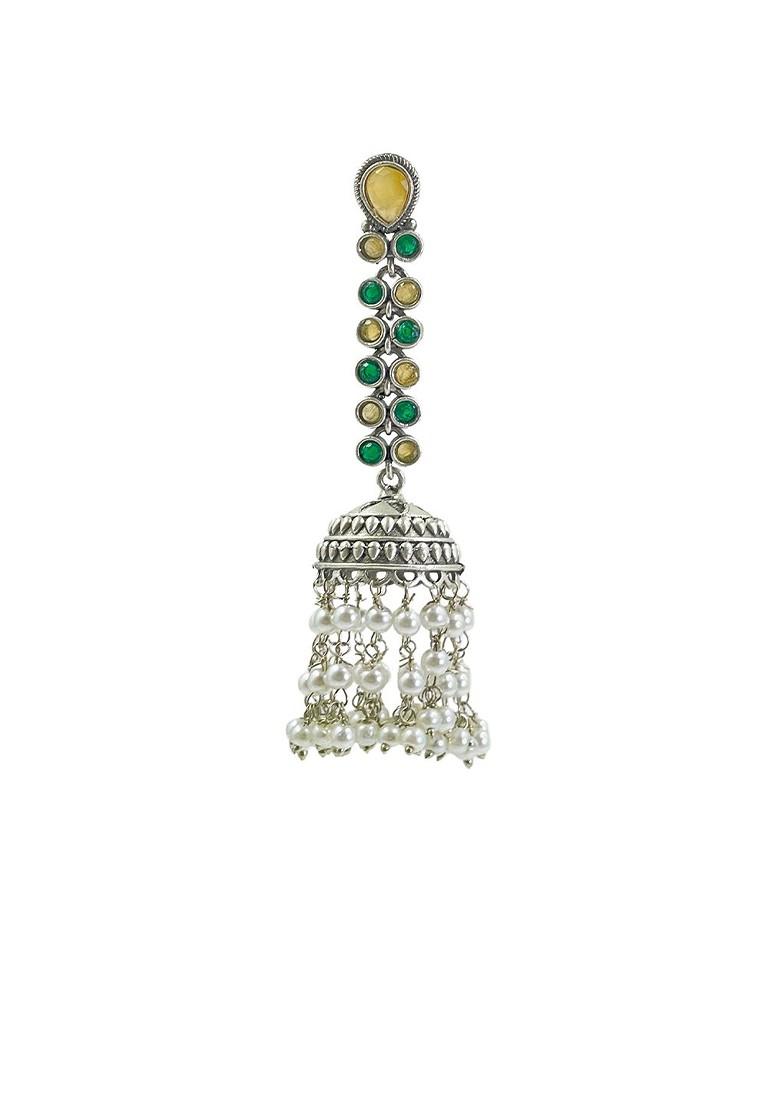 Silver Plated Artificial Stones Studded And Pearls Beaded Dome Shaped Jhumkas