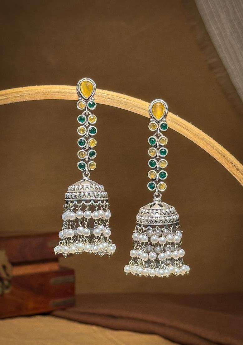 Silver Plated Artificial Stones Studded And Pearls Beaded Dome Shaped Jhumkas - Indya