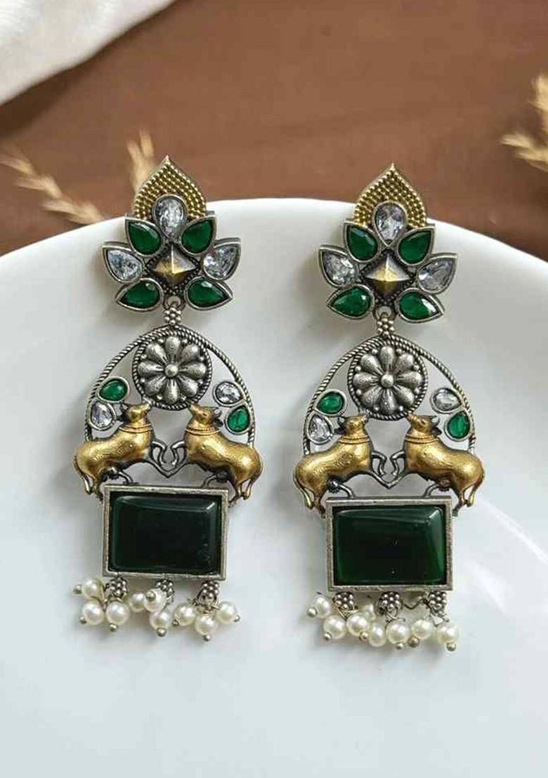 Silver Plated Stones Studded And Beaded Oxidised Contemporary Drop Earrings