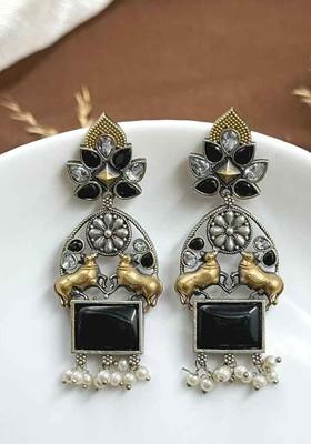 Silver Plated Stones Studded And Beaded Oxidised Contemporary Drop Earrings