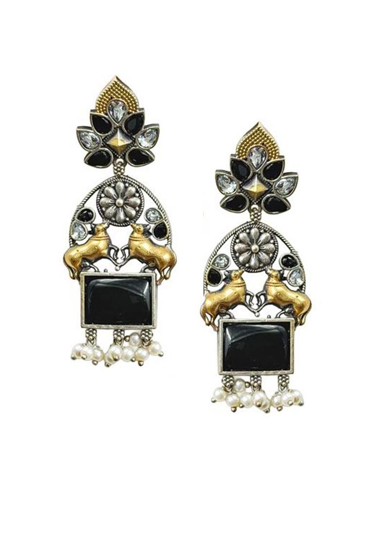 Silver Plated Stones Studded And Beaded Oxidised Contemporary Drop Earrings