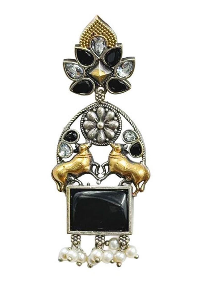 Silver Plated Stones Studded And Beaded Oxidised Contemporary Drop Earrings