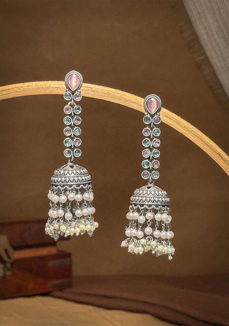 Silver Plated Artificial Stones Studded And Beaded Oxidised Dome Shaped Jhumkas - Indya