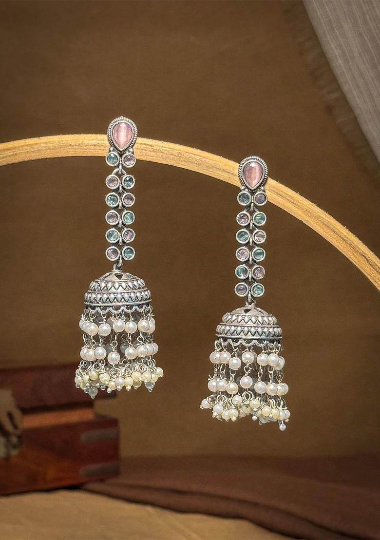 Silver Plated Artificial Stones Studded And Beaded Oxidised Dome Shaped Jhumkas