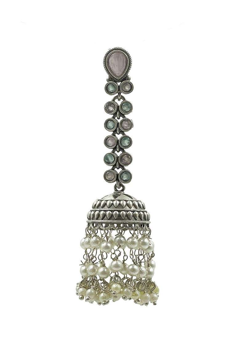 Silver Plated Artificial Stones Studded And Beaded Oxidised Dome Shaped Jhumkas - Indya