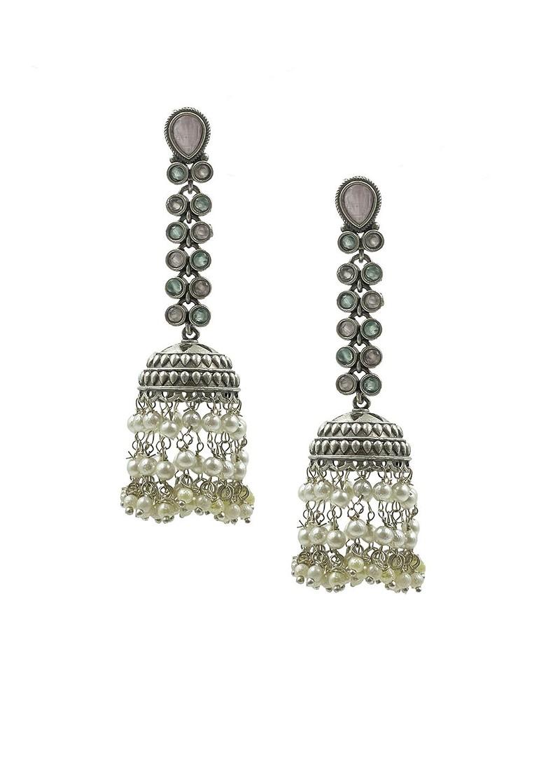 Silver Plated Artificial Stones Studded And Beaded Oxidised Dome Shaped Jhumkas