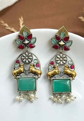 Silver Plated Artificial Stones Studded And Beaded Contemporary Drop Earrings