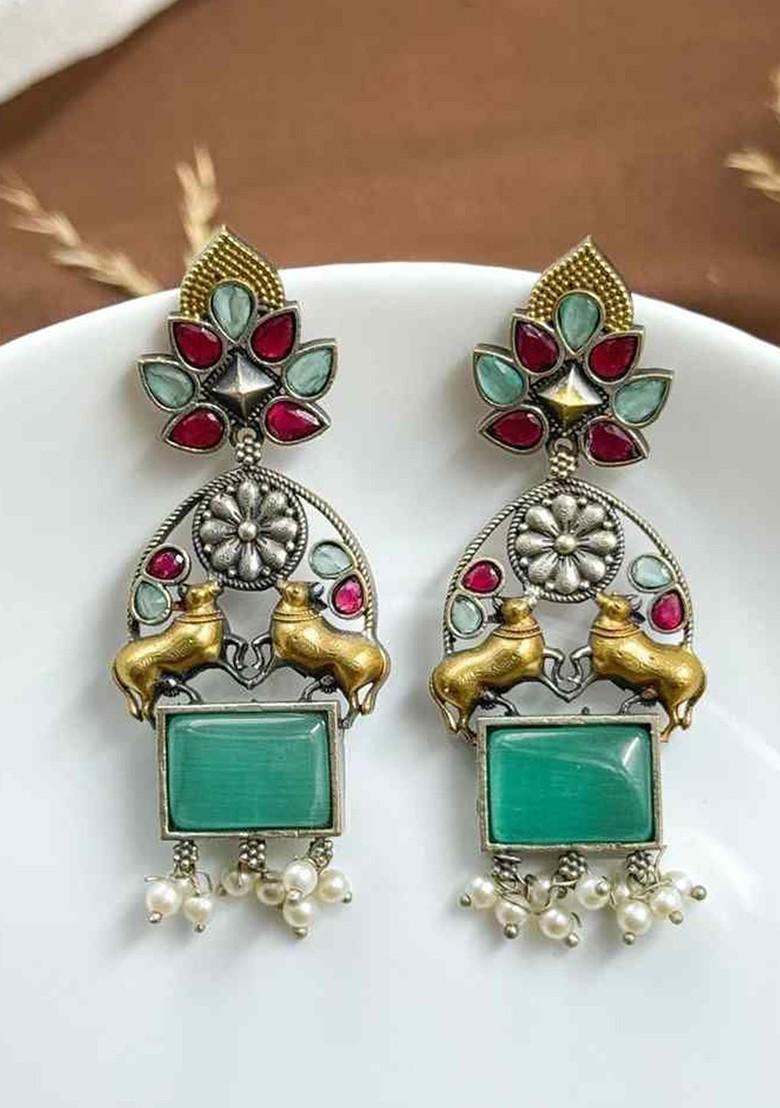 Silver Plated Artificial Stones Studded And Beaded Contemporary Drop Earrings