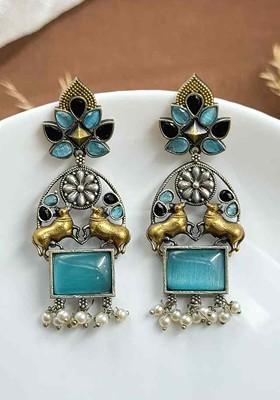 Silver Plated Artificial Stones Studded And Beaded Contemporary Drop Earrings