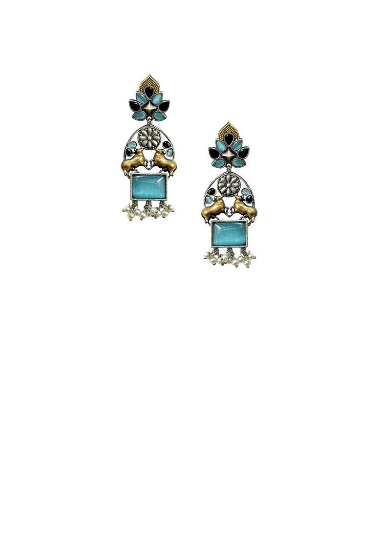 Silver Plated Artificial Stones Studded And Beaded Contemporary Drop Earrings