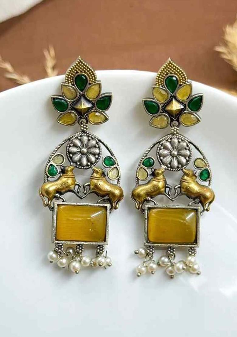 Silver Plated Stones Studded And Beaded Oxidised Contemporary Drop Earrings