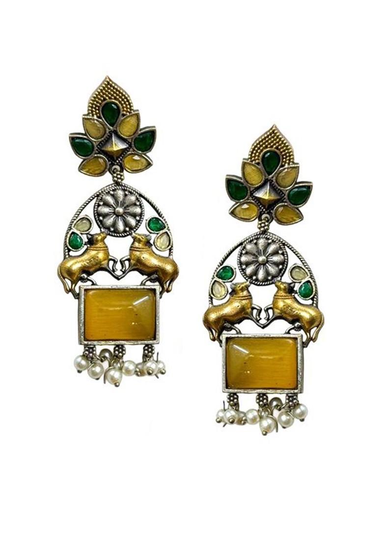 Silver Plated Stones Studded And Beaded Oxidised Contemporary Drop Earrings