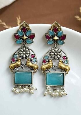 Silver Plated Artificial Stones Studded And Beaded Contemporary Drop Earrings