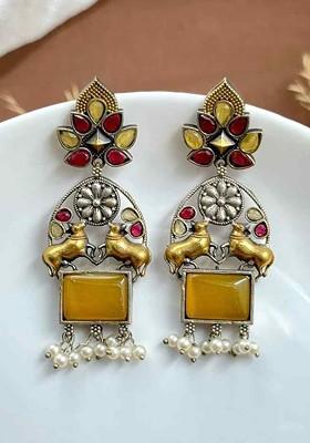 Silver Plated Artificial Studded And Peals Beaded Contemporary Drop Earrings