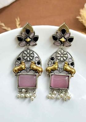 Silver Plated Artificial Stones Studded And Beaded Contemporary Drop Earrings