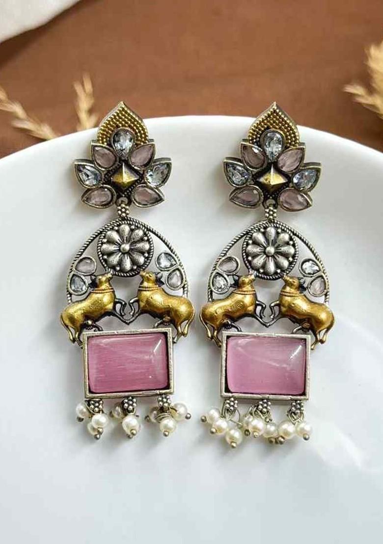 Silver Plated Stones Studded And Beaded Oxidised Contemporary Drop Earrings