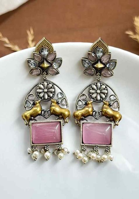 Silver Plated Stones Studded And Beaded Oxidised Contemporary Drop Earrings