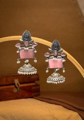 Silver Plated Artificial Stones Studded And Beaded Dome Shaped Jhumkas